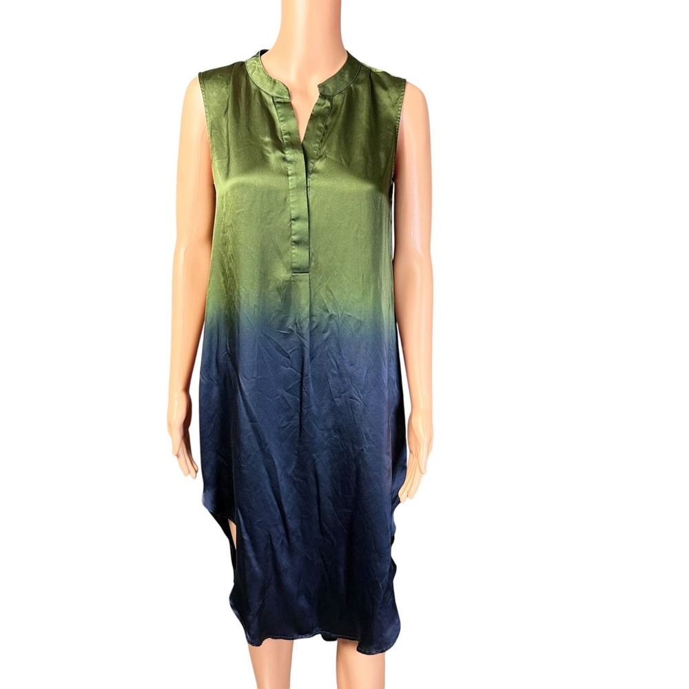 Acrobat Womens 100% Silk Ombre Sleeveless High Low Shift Dress Green Blue Small